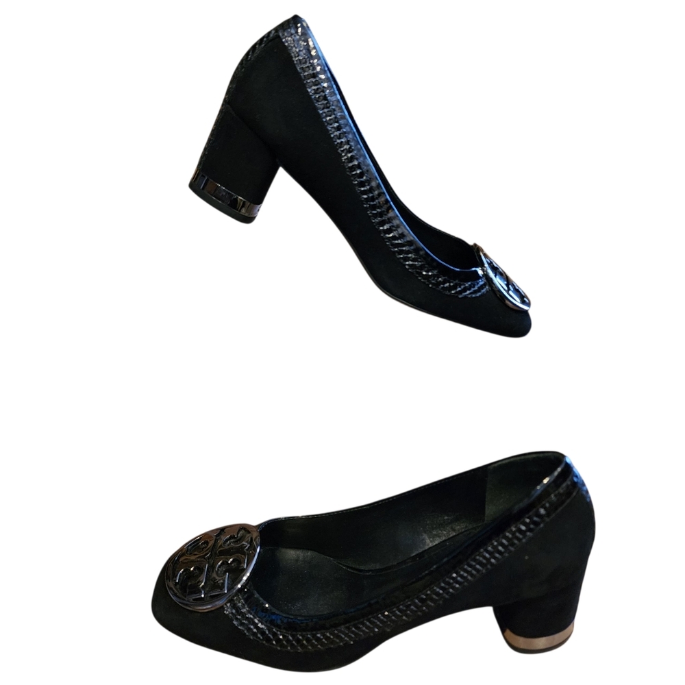 Tory Burch Women's Black Suede Heels Crocodile Embossed Trim Silver Sz 6.5 EUC - Picture 5 of 9
